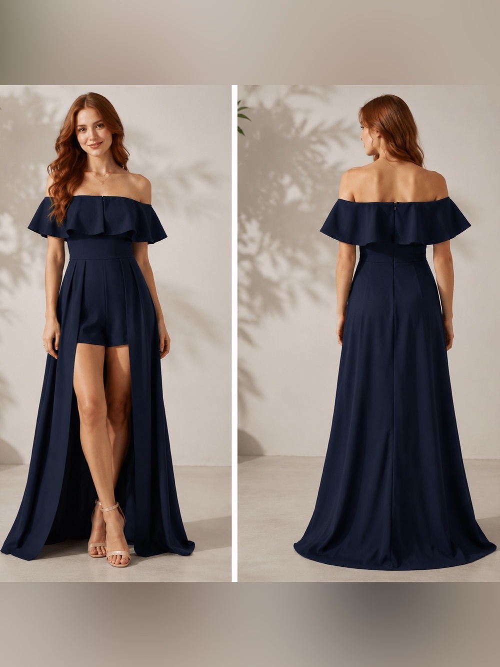 Altar'd State Navy Off-Shoulder Romper Gown